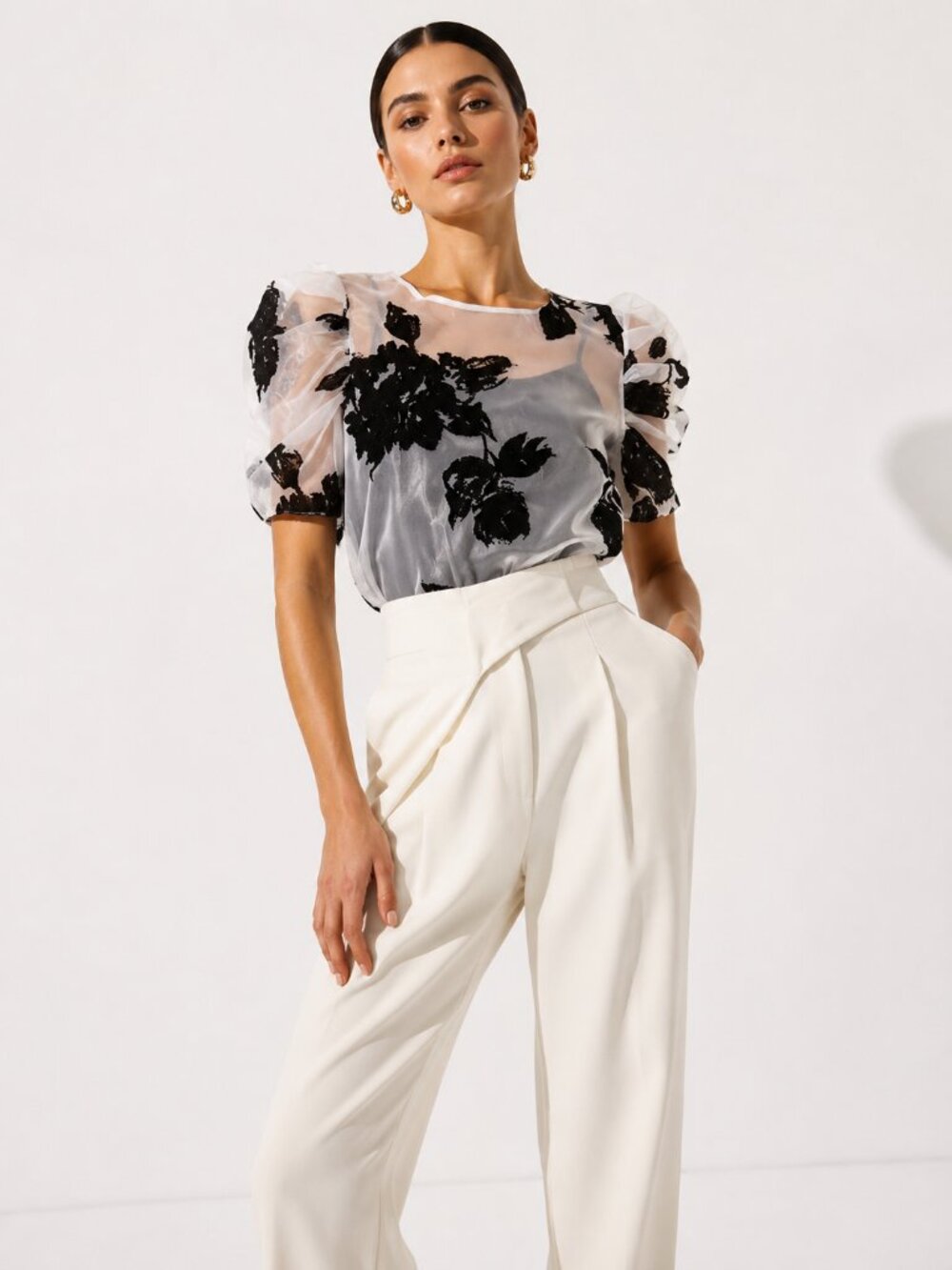 Amanda Uprichard Organze Puff Sleeve Sheer Floral Smith Top - Picture 1 of 4